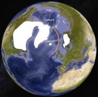 Den nordlige halvkule for 11 000 år siden. Det var enda store rester av breene fra siste istid i Skandinavia, Island, Grønland og Nord-Amerika, mens Svalbard allerede var varmere enn i dag. Den røde pila viser det vi i dagligtalen kaller Golfstrømmen. Kilde: Forskning.no